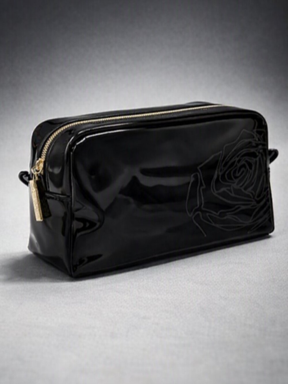 Lancome Black Faux Leather Makeup Bag Embossed Rose Cosmetic Case Pouch NWOT